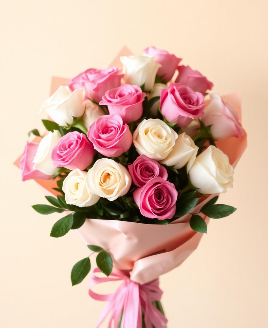 Buquê de rosas em tons de rosa e branco